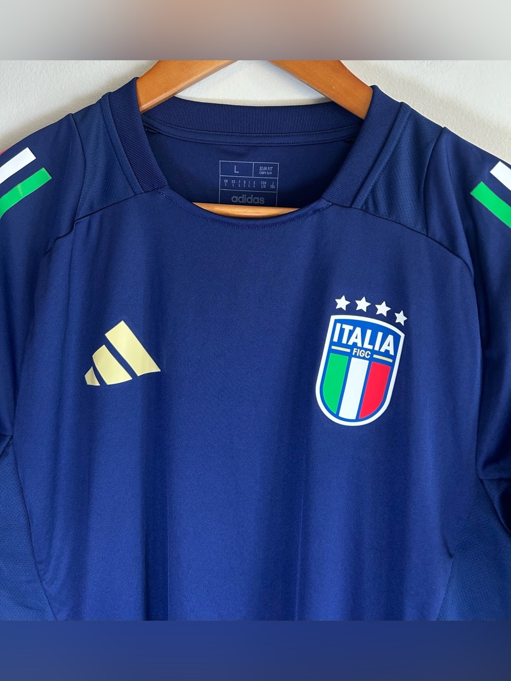Adidas FIGC ITALIA T-Shirt Men’s Football Blue Navy Jersey Size L Slim Fit EUC - Picture 5 of 12